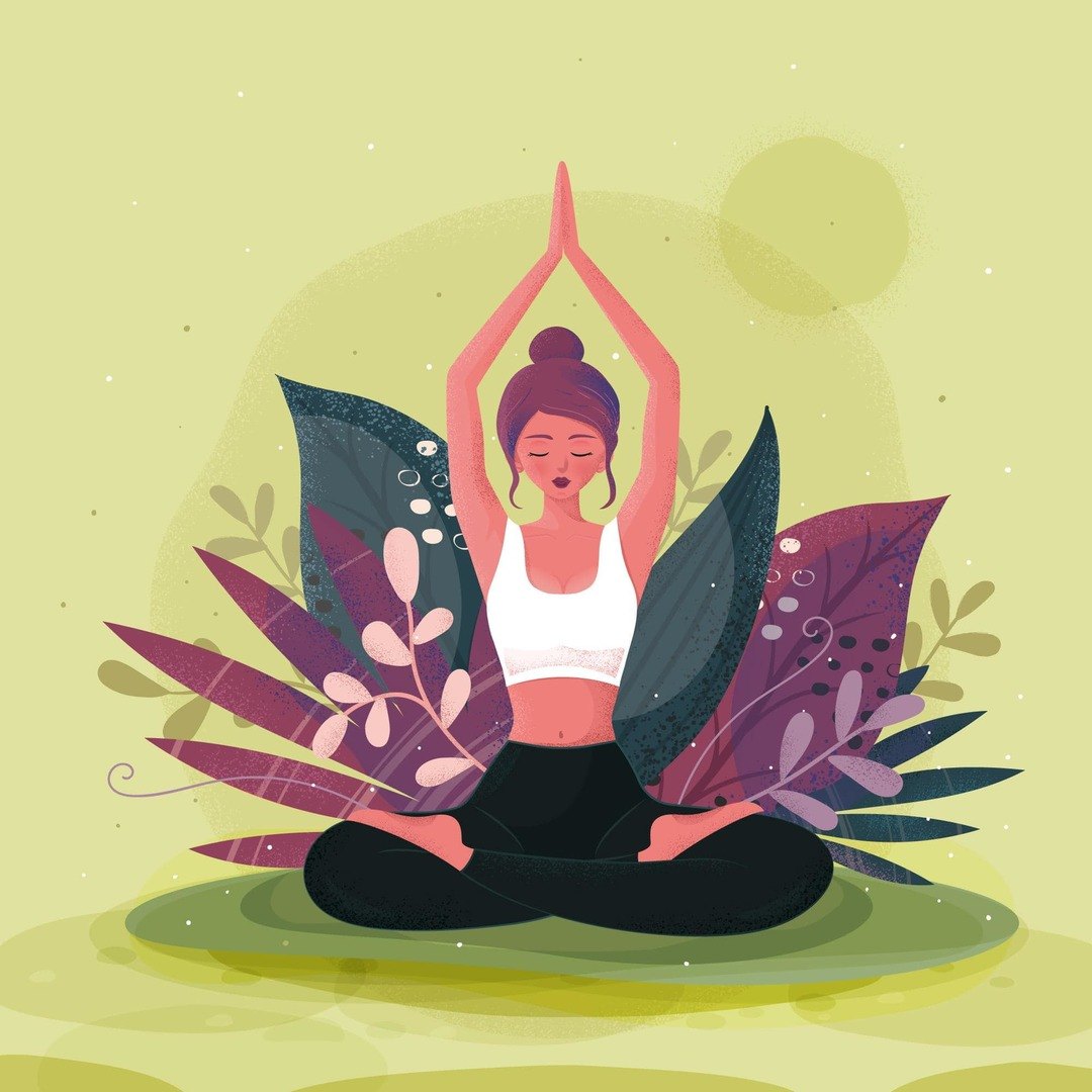 Illustration of a woman seated in meditation among leaves