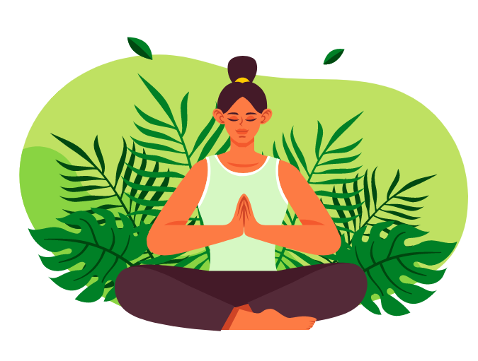 Illustration of a woman meditating among leaves