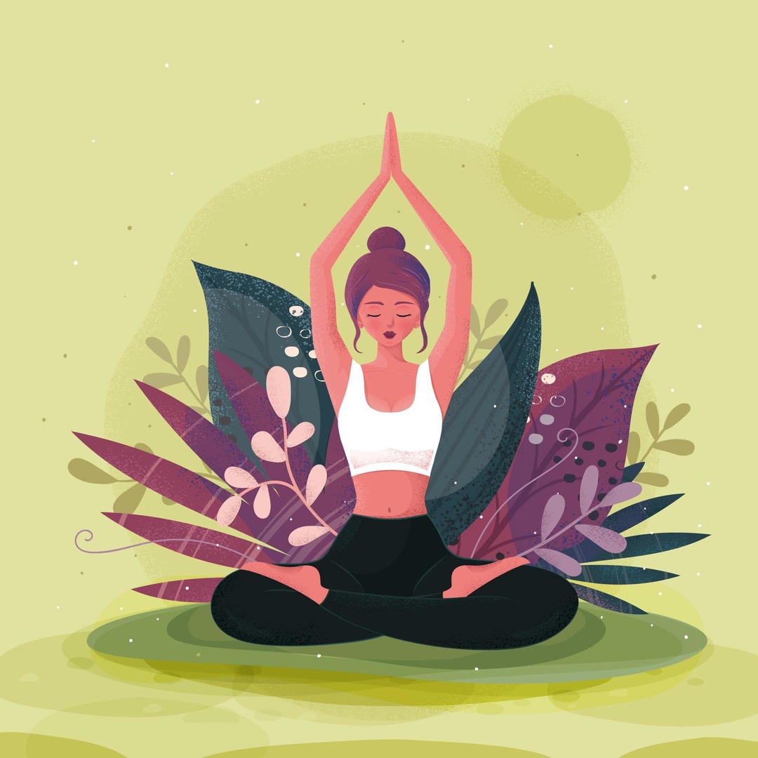 Illustration of a woman seated in meditation among leaves